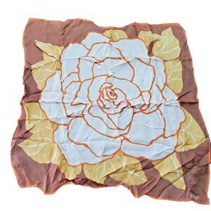 Vintage Burmel Scarf 23" Square Brown Gold Orange Flower MCM Mod 80s 90s Wrinkle